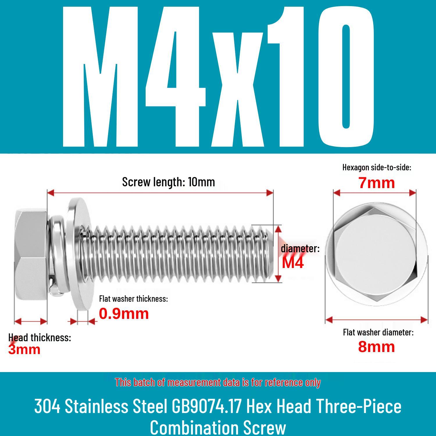 M3-M12 304 Stainless Steel Hex Head Bolt with Flat & Spring Washer, GB9074.17 3mmx14mm