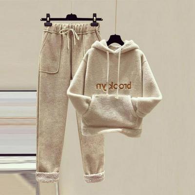 Damen Koreanischer Stil Fleecegefüttertes Sweatshirt & Neun-Punkte Wollhosen Set - Lammwoll-Imitation, Herbst/Winter bereit