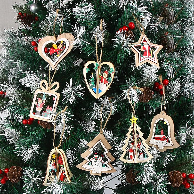 CINECE Christmas tree decoration ornament wooden 8 pieces nordic 3D three-dimensional drop strap wall Hanging entrance interior snowflake (3D new