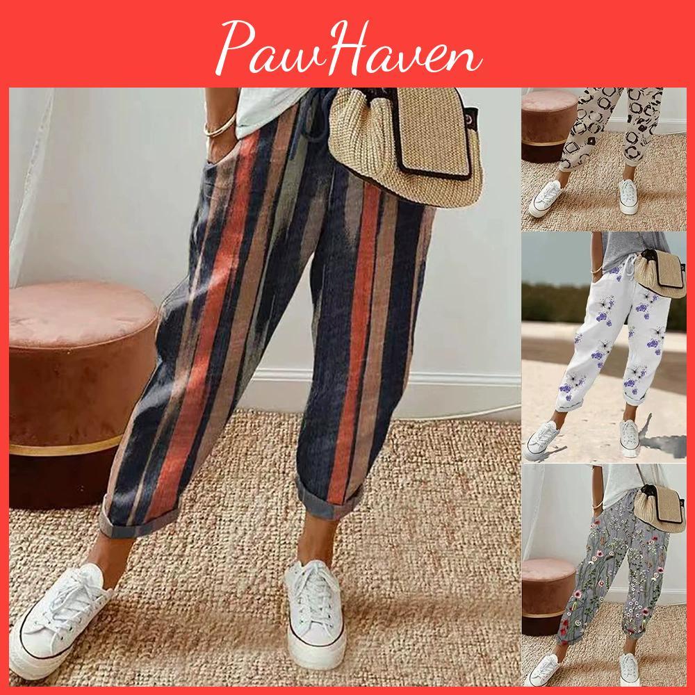 Casual Womens Striped Pants Summer Loose Elastic Waist Pant
