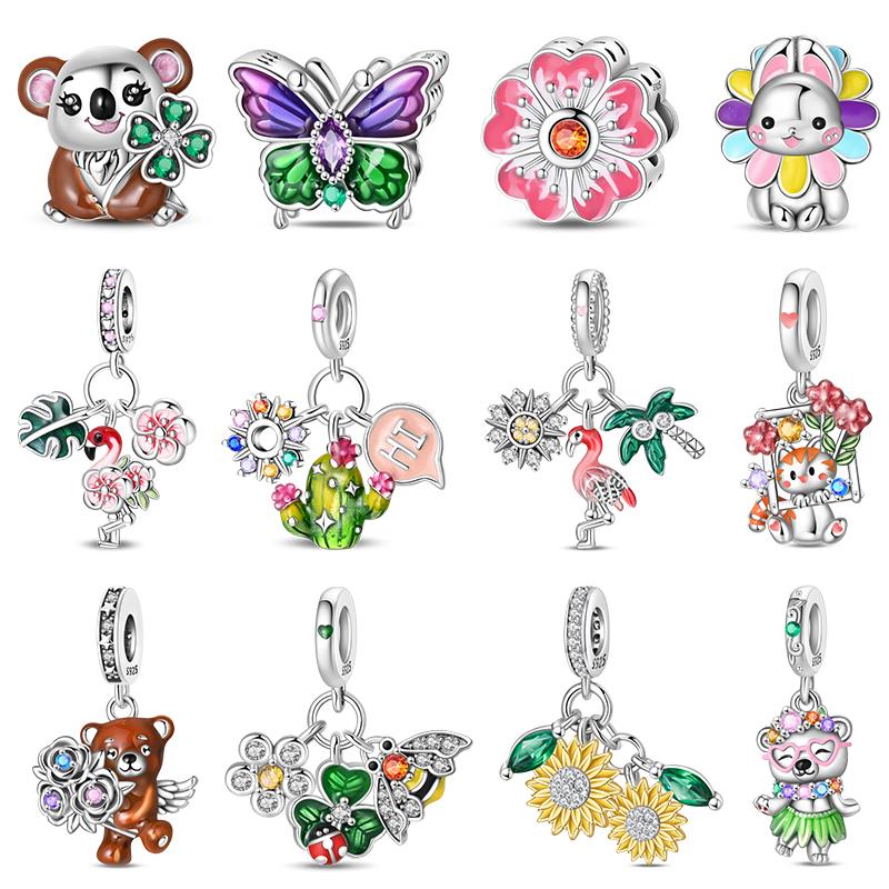Springtime Copper Flamingo Cactus Sunflower Animal Charms Beads Fit Pandach Original Bracelets Diy Jewelry Gift