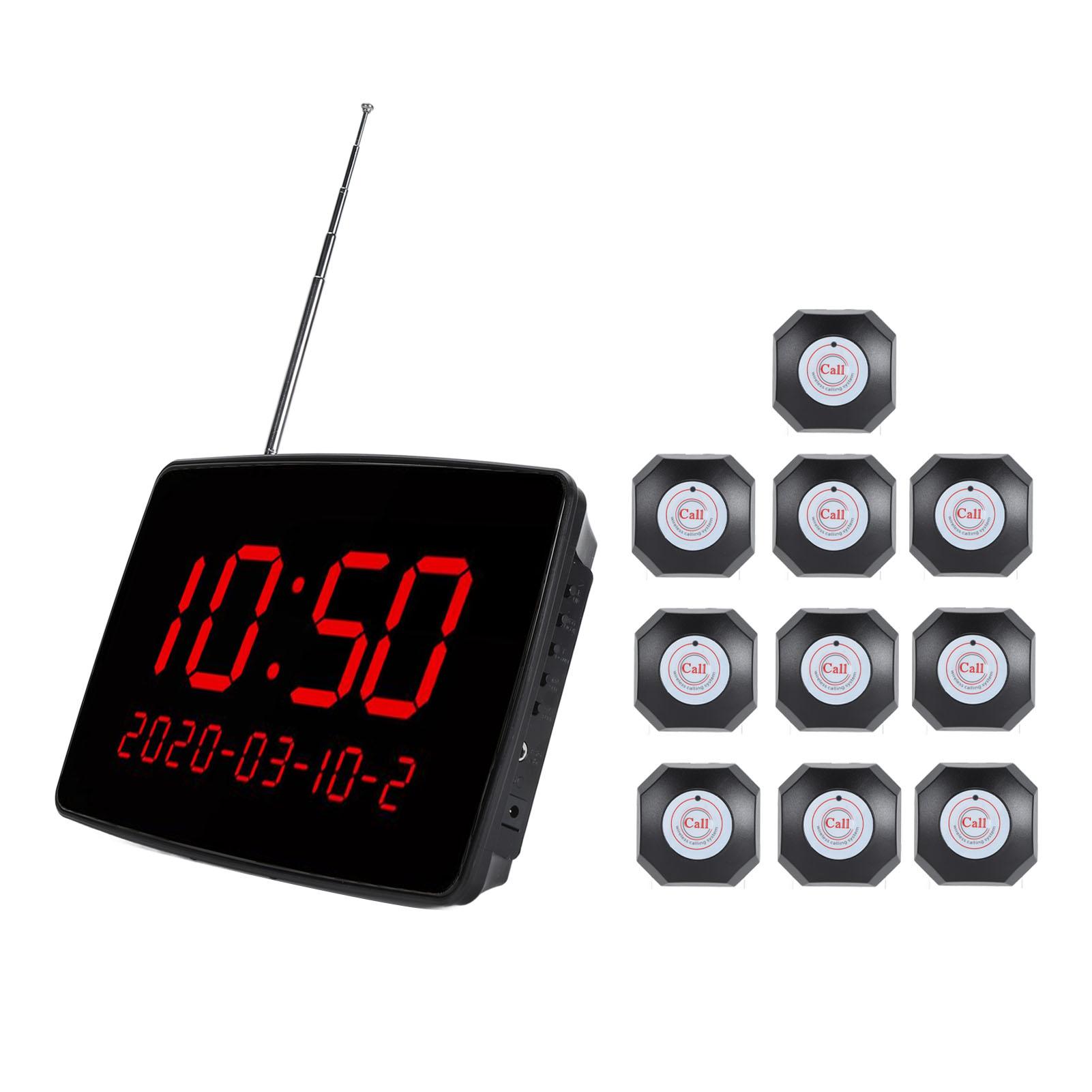 

Беспроводная система вызова с отображением времени, ресторанный пейджинг, настольные звонки с 10 кнопками, 1 приемник для UK Plug