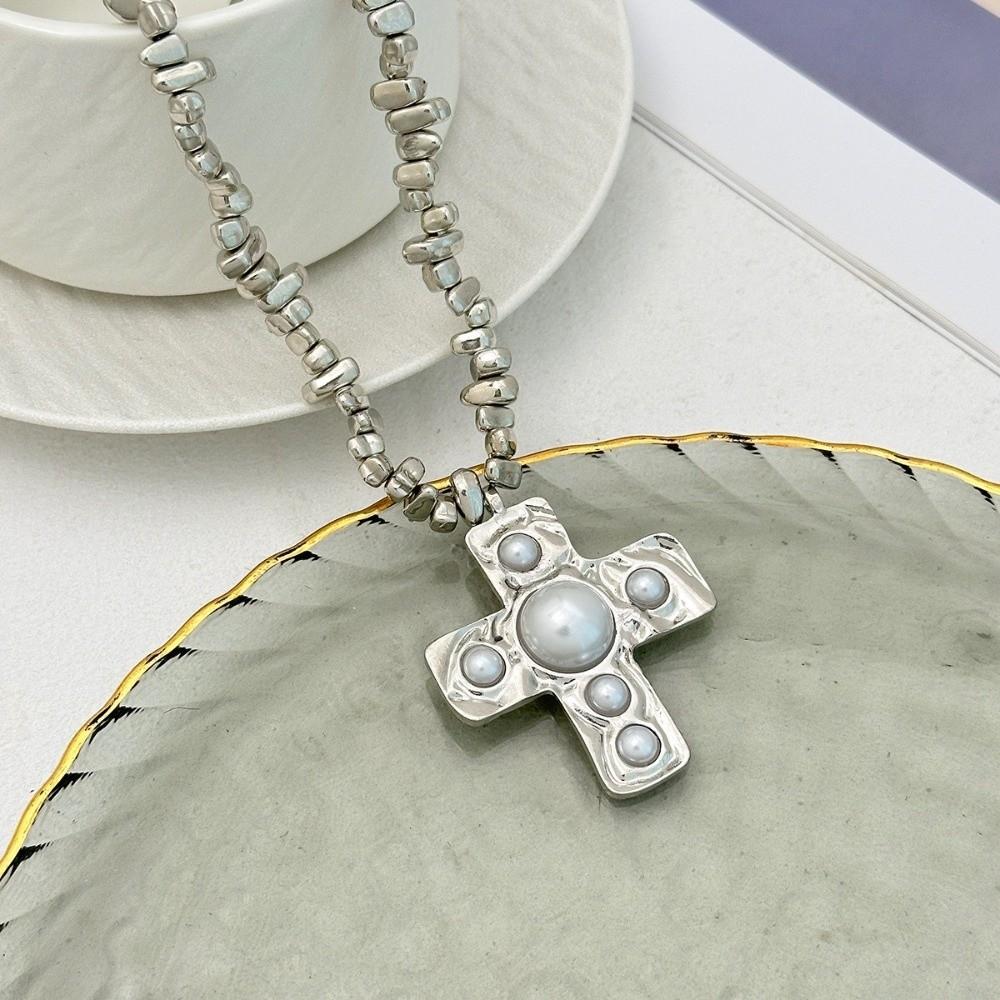 Irregular Beads Cross Pendant Chain Chunky Beads Choker Necklace Clavicle Chain  Women's Jewelry