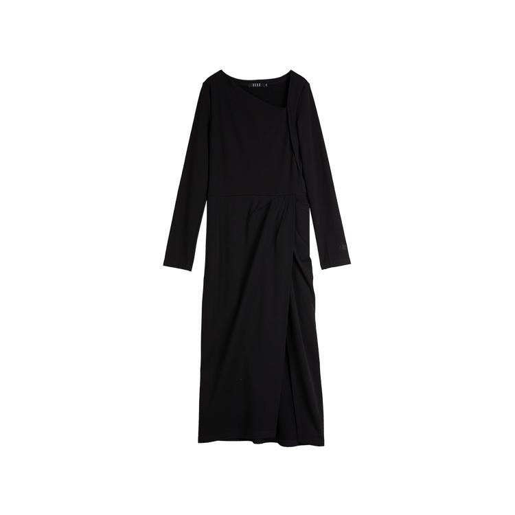 ELLE French Design Irregular Solid Color Asymmetrical Neck Simple Comfortable Long Sleeve Dress Women dress Black EL49857