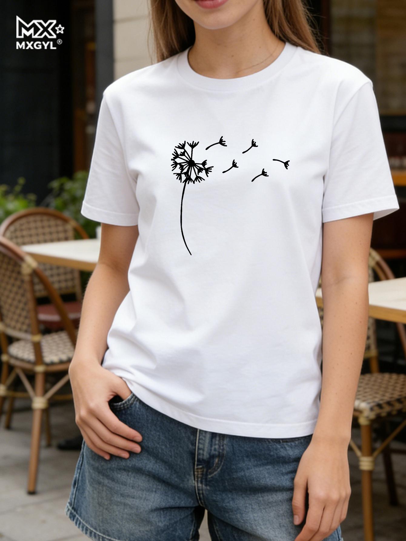 

Dandelion Flowers Printed T-shirts Shirts For Women Funny Graphic Tee High Quality Harajuku Crew Neck Camisetas Mujer M белый