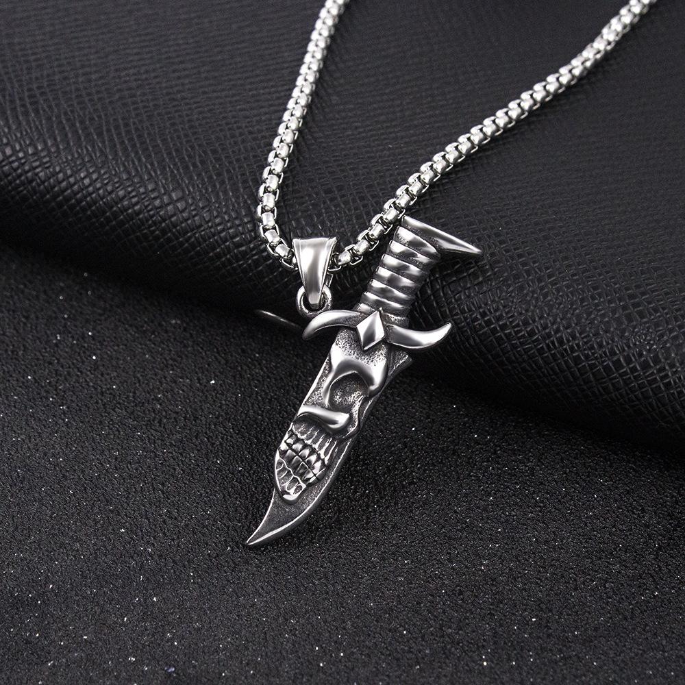Men's Necklace Stainless Steel Dagger Skull Pendant Vintage Hip-hop Jewelry Copper Color Male Neck Chain Punk Jewelry