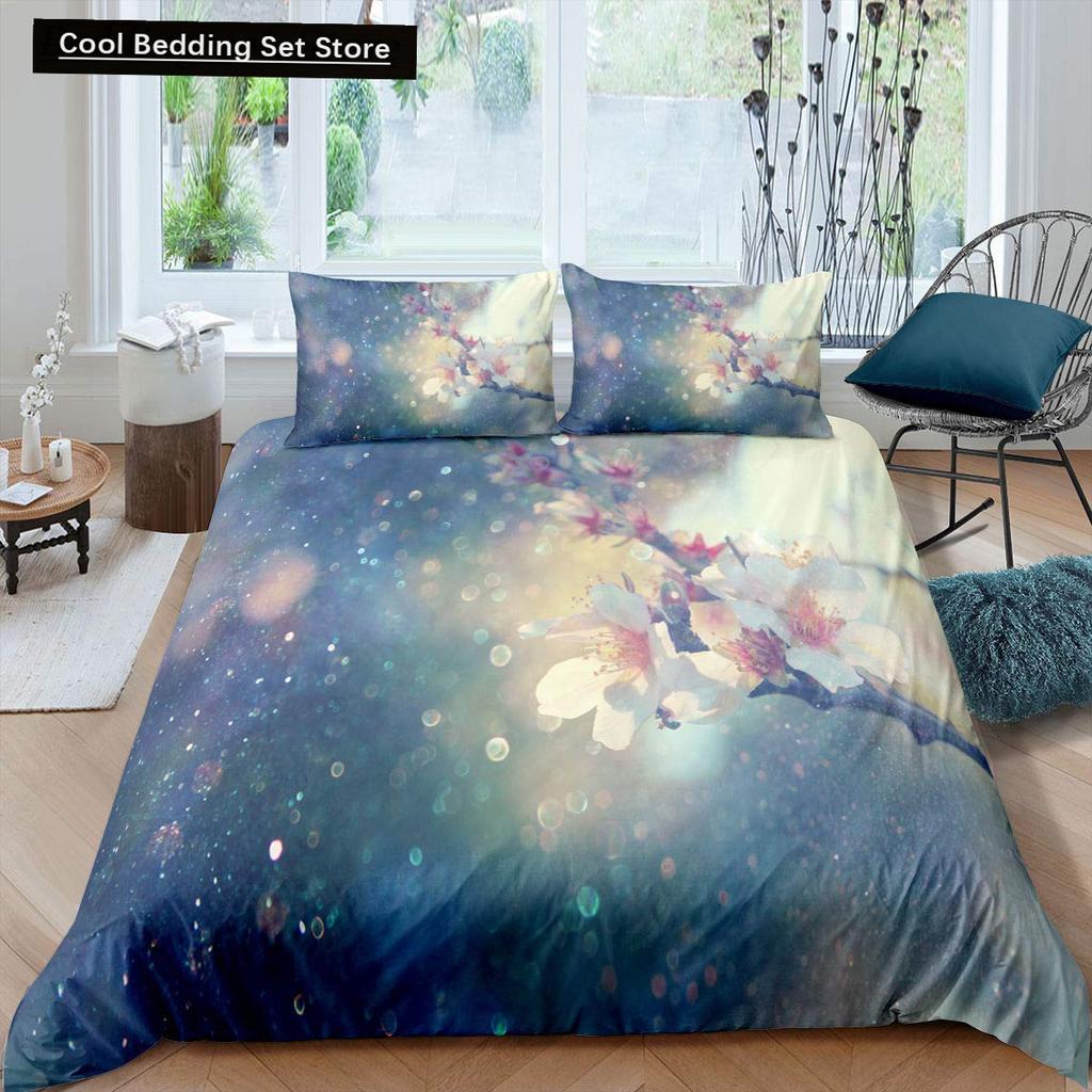 Rosa Kirschblüten King Queen Bettwäscheset Frühlingsflora Bettbezug Japanische Blumen Steppdeckenbezug Weicher Polyester Bettdeckenbezug