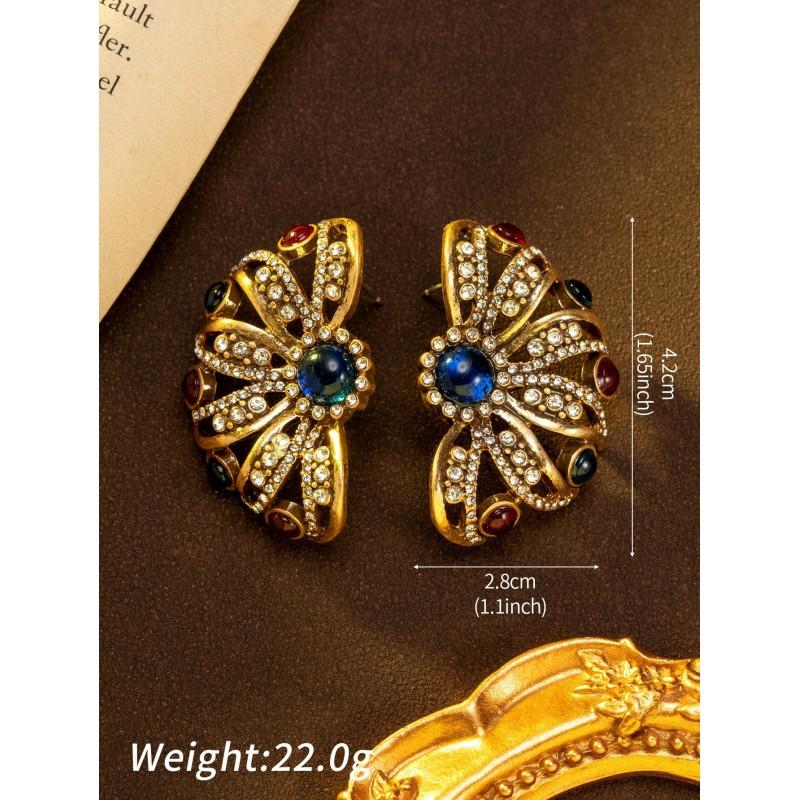 Vintage Colored Rhinestone Inlaid With Flower Earrings Light Luxury Retro Style Medieval Hollowed Out