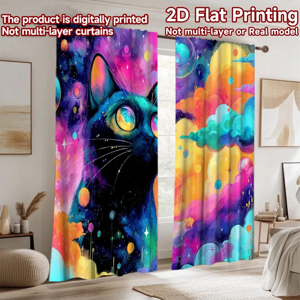 2D flat printing 2pcs Curtain Cosmic Cat Galaxy Digital Printed Polyester Drapes Festive Holiday Perfect for Photo Booths &