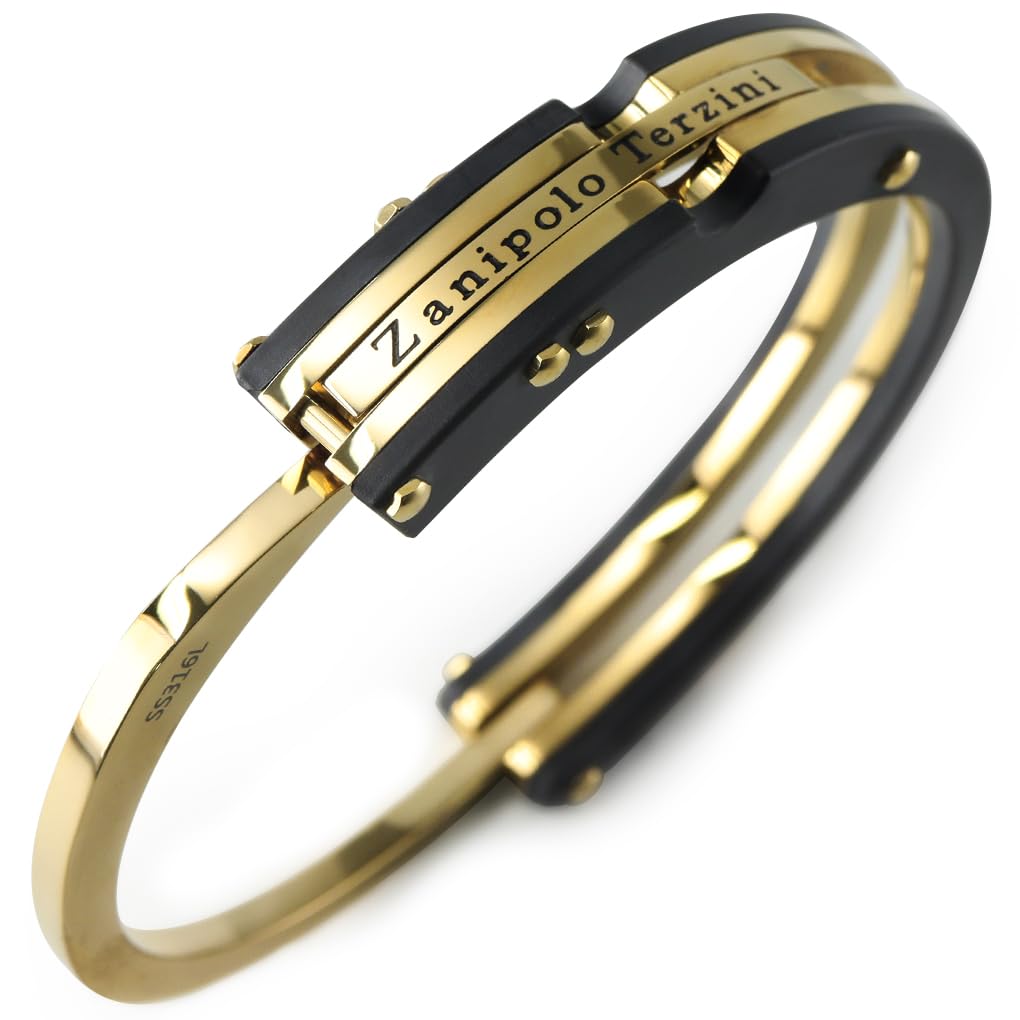 

Polo Limited Gold Color Bangle Handcuffs Surgical Stainless Steel Metal Allergy Gold Black 316L Hand Cuff Bracelet [Zani Tarzini] Mens