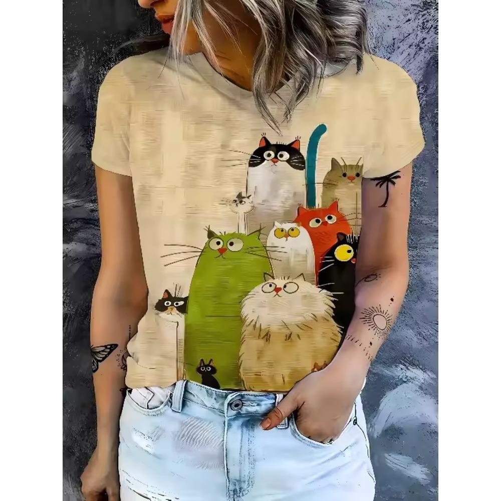 Creative Cartoon Animal Cat 3D Printed Short Sleeved T-shirt Fashionable Comfortable Soft Breathable Large Loose Womens T-shirt