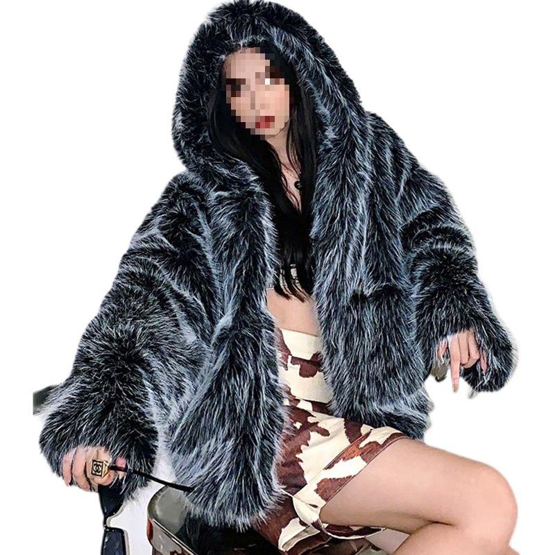 New Women's Faux Fox Fur Hooded Winter Jacket - Loose, Warm, Furry Lambswool Coat.