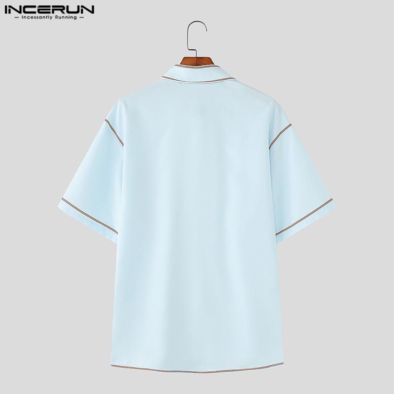 INCERUN Men Lapel Short Sleeve Stitching Buttons Casual Loose Shirts Tops
