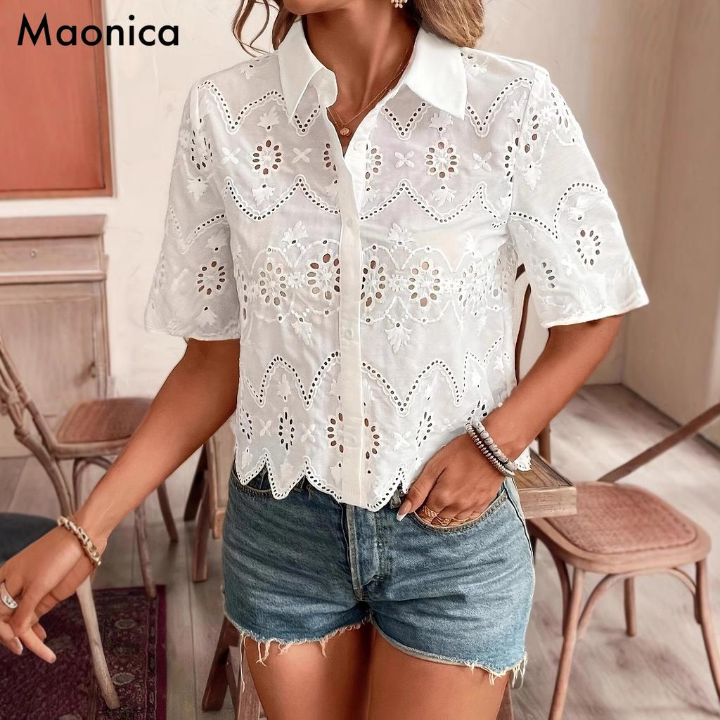 Spring/Summer Women's Solid Color Lace-up Shirt with Hollow-out Short Sleeves Casual Top