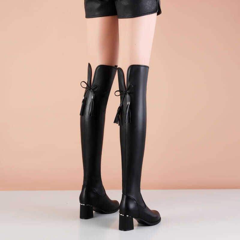 Lange Stiefel Damen superweiches echtes weiches Leder elastisch Herbst und Winter Samt warm spitz modisch neu dicke Absatzstiefel