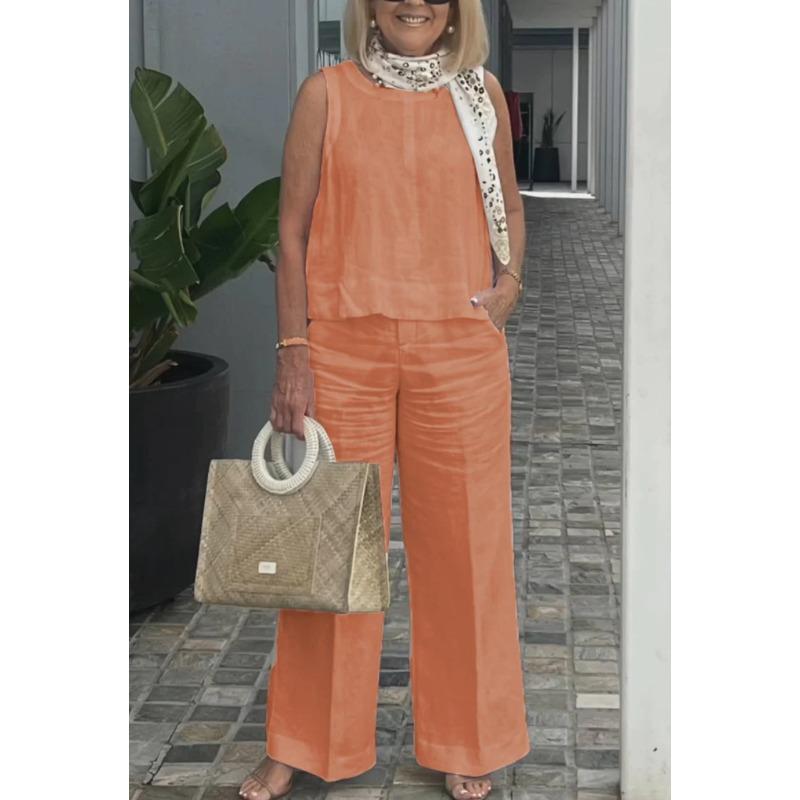 VEZFAA Pantalons décontractés à col rond pour femmes, couleur unie, imprimés, sans manches, à la mode, été, printemps