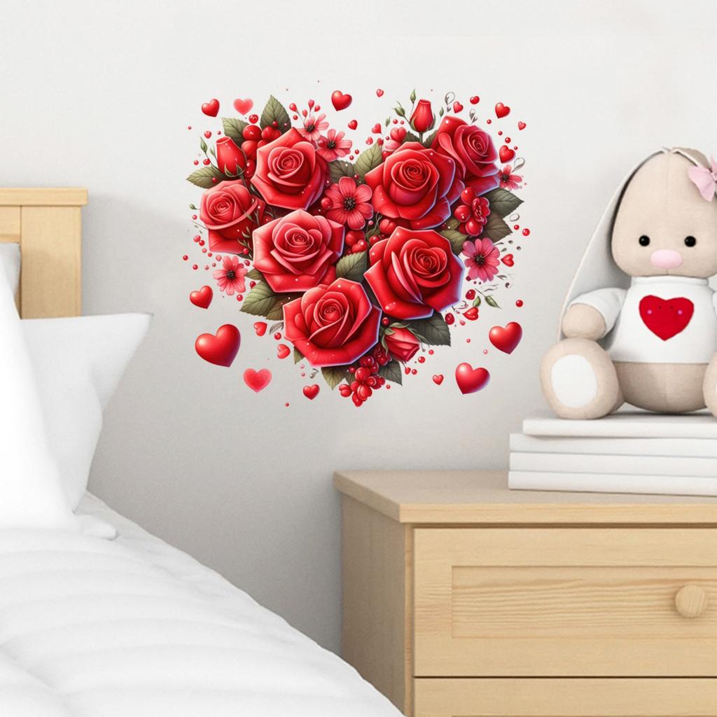 Valentine's Day Heart-shaped Rose Wall Stickers, Holiday Decorative Stickers, Removable Self-adhesive PVC.