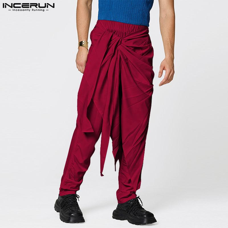 

INCERUN Men Twisted Elastic Waist Layers Patchwork Casual Long Harem Pants 4XL красный