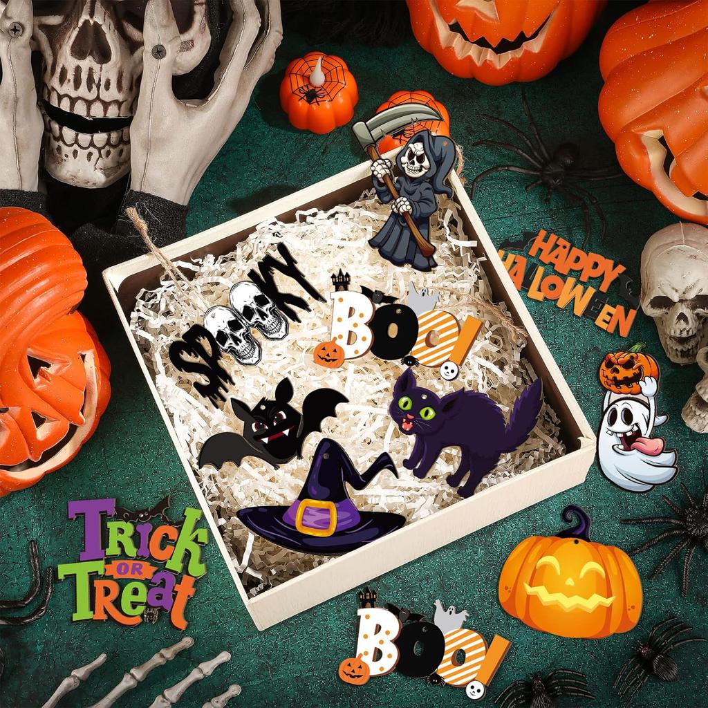 Gerrii 40 Pieces Halloween Ornaments Wooden Halloween Tree Decorations Pumpkin Ghost Witch Hat Skeleton Mini Hanging Ornaments with Rope for DIY