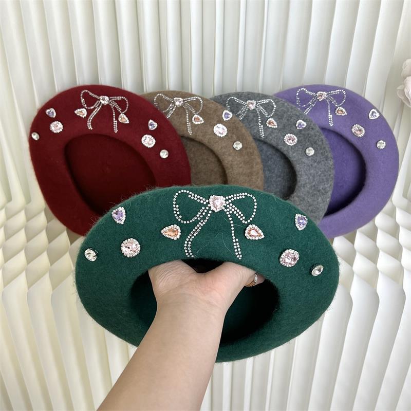 Sweet Girl Bow Beret Korean Style Big Head Woolen Hat Painter Hat Rhinestone Western-Style Fashion Octagonal Hat