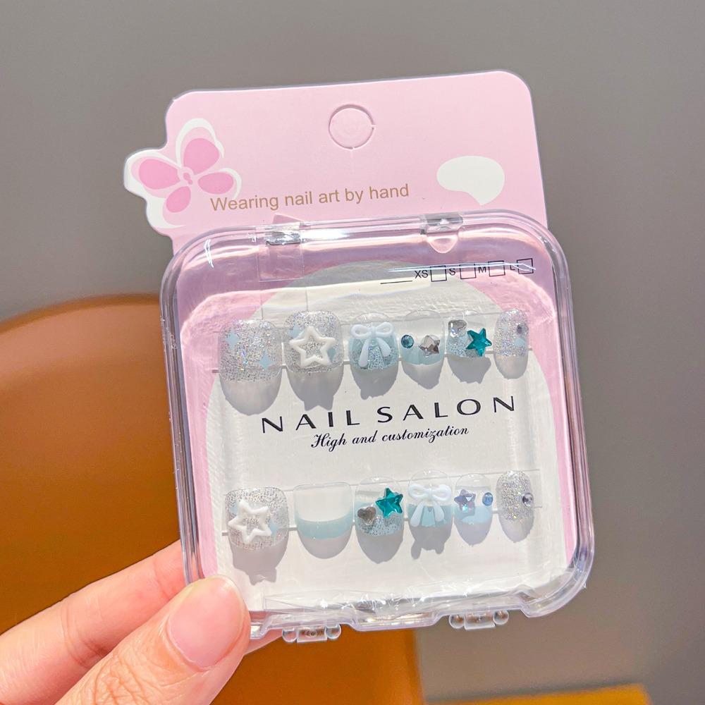 Hot Cartoon Children Wearing Nails Cute Detachable Short Nail Sticker Cherry Bow Nail Tips for Girls Students