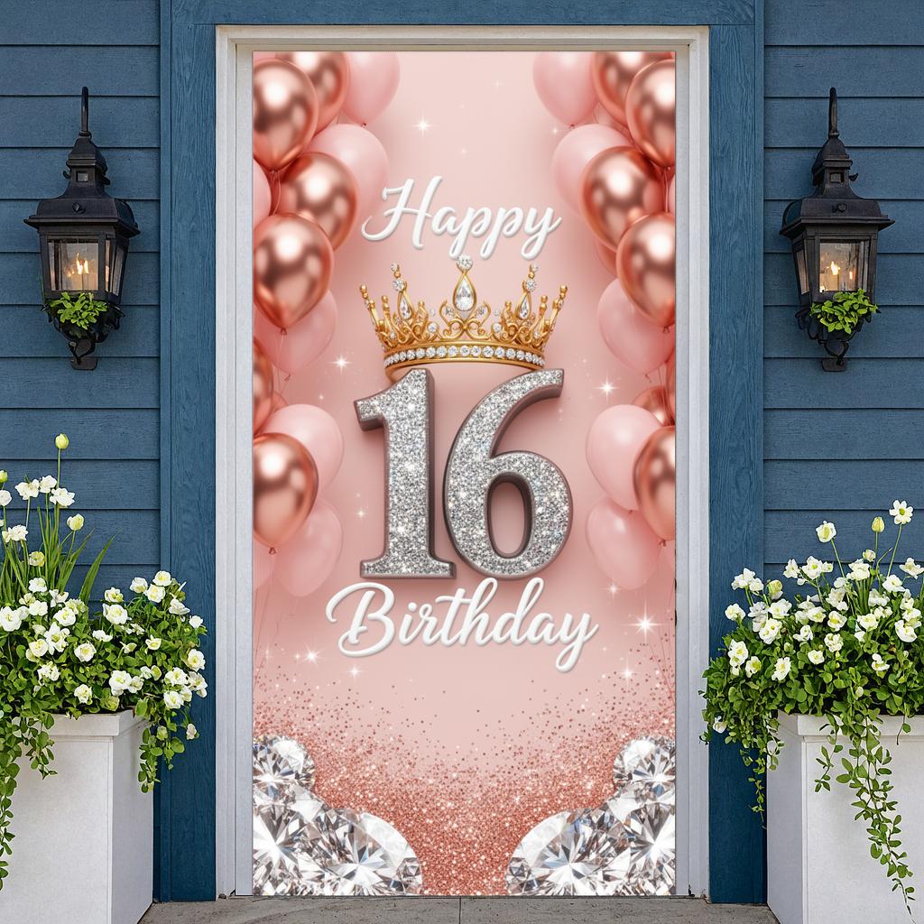 16th Birthday Banner Rose Gold Balloons Glitter Birthday Backdrop 16th Birthday Door Cover Rose Gold Glitter For Sweet 16