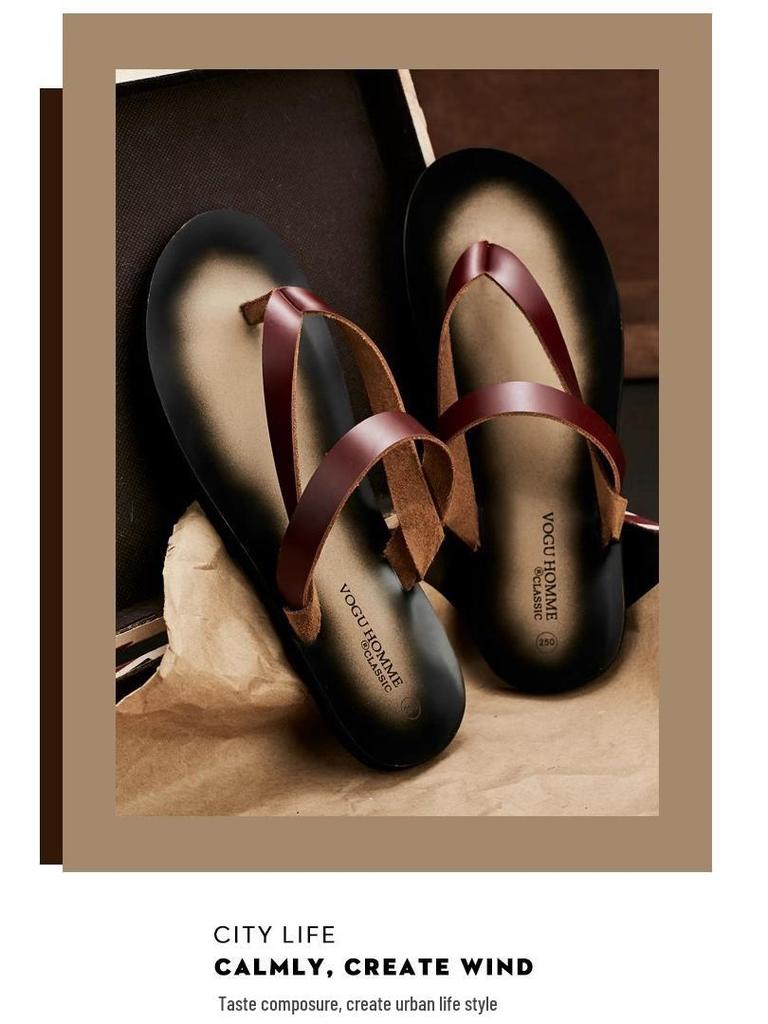 Men's Top Grain Cowhide Genuine Leather Non-Slip Summer Slippers - Trendy, Breathable, Versatile Flip Flops for the Beach