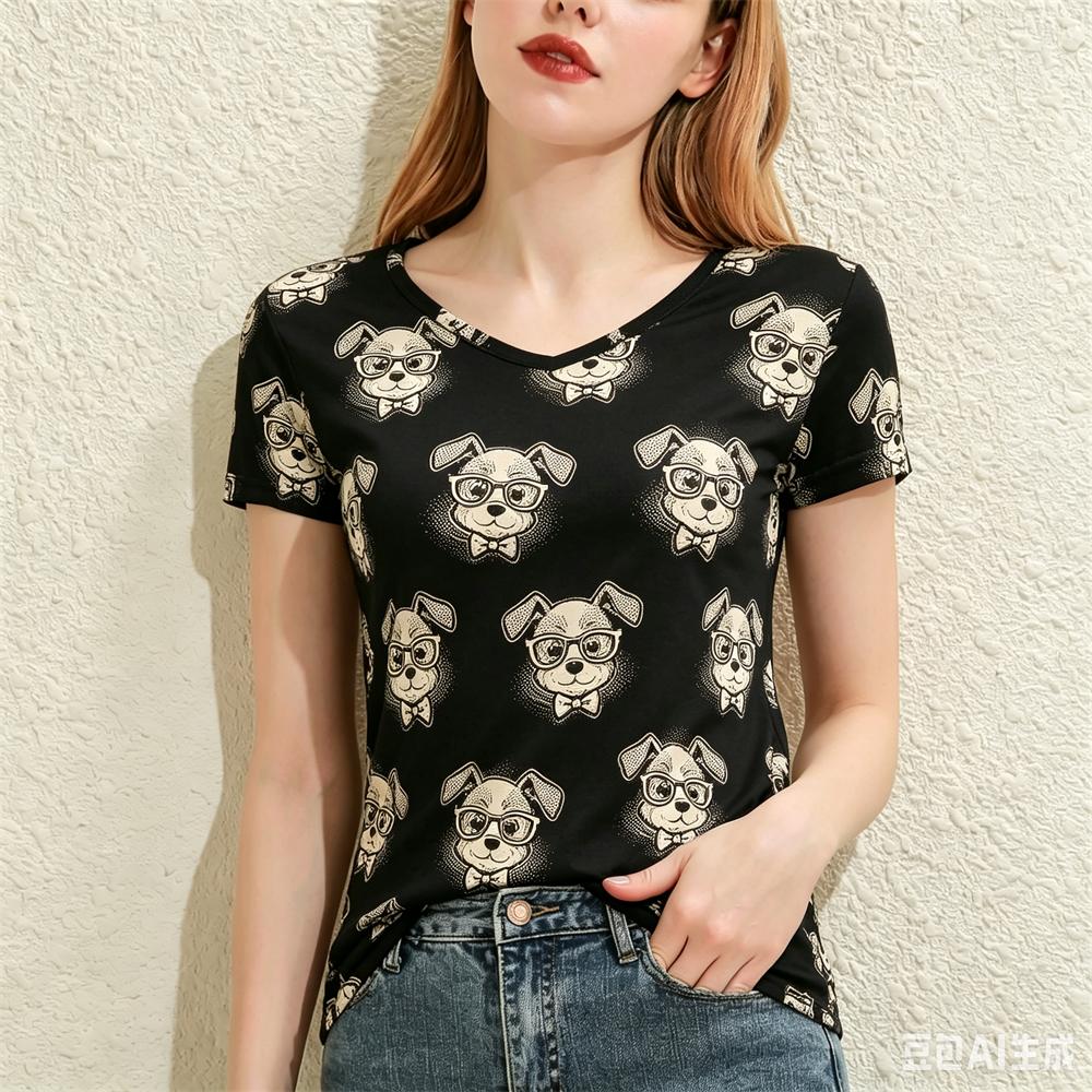 Cute Animal Pattern Women's T-Shirt Fashion V-neck Short Sleeve Tees Summer Loose Tops Daily Casual Comfortable Female Clothing