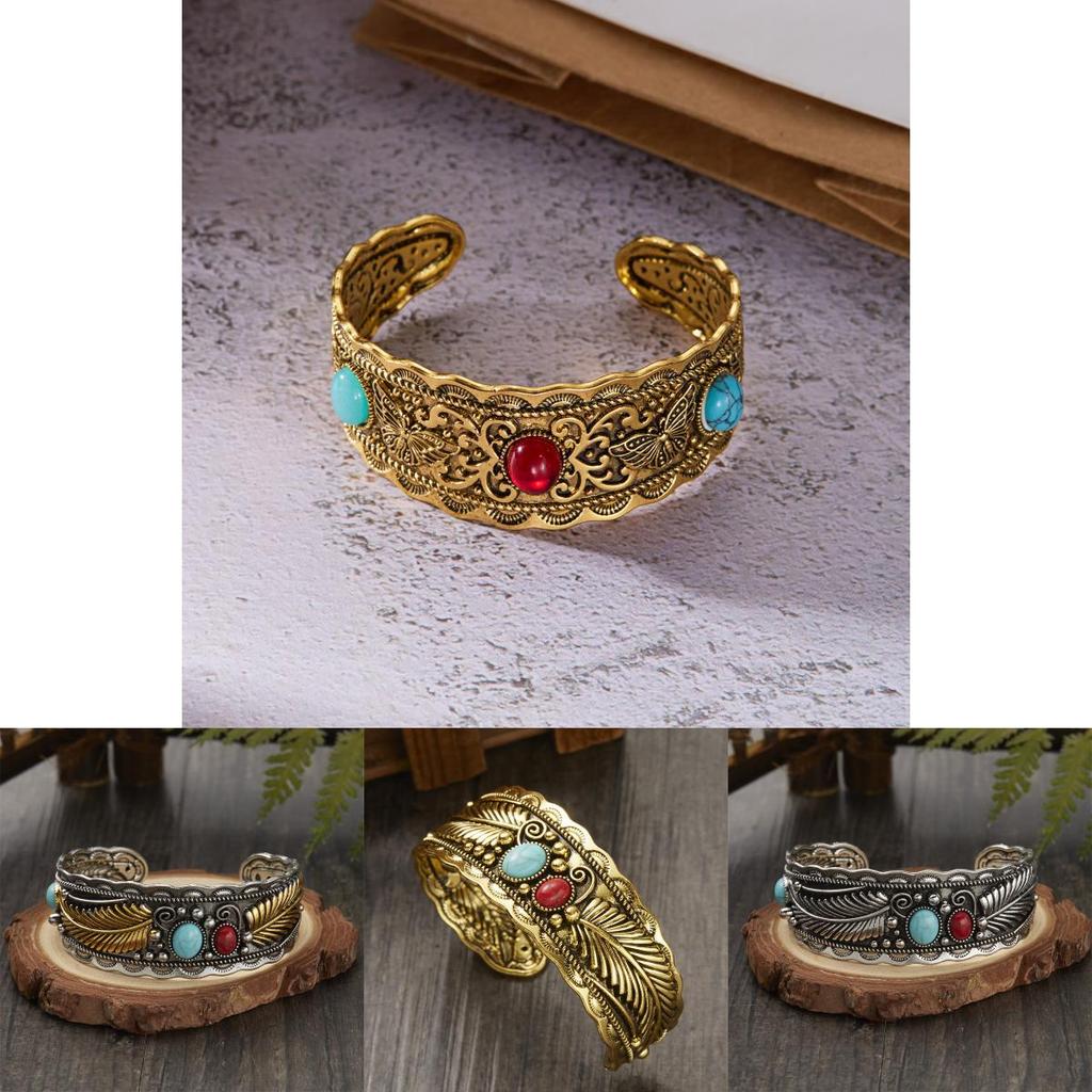 Style Oval Turquoise Bracelet With Vintage Two Tone Leaf Design For Women