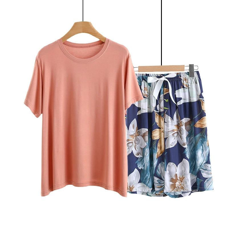 Summer Solid color Tshirts and Print shorts Simple Homewear O-Neck Loose Tshirts and Poplin short pants Casual sleepwear suits