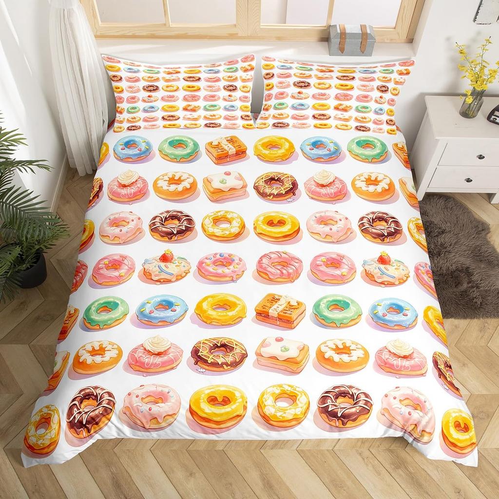Kawaii Munk Påslakanset Färgglatt Sött Munk Sängklädesset Läckert Efterrätt Rosa Lila Täcke Flickrumsinredning