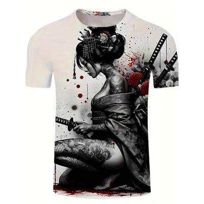 Japanese Geisha 3D Printing Men's Lightweight Breathable T-shirt Street Trend Fashion Wear Casual Sports Top Moisture Wicking