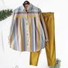 2Pcs/Set Lapel Long Sleeve Single Breasted Mid-rise Pockets Casual Outfit Striped Print Shirt Solid Color Pants Set