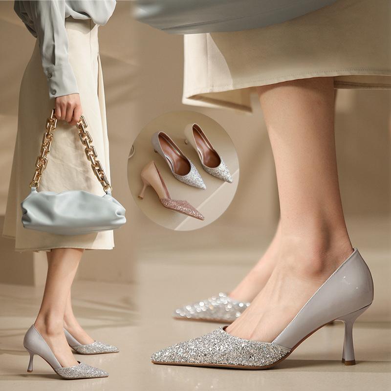 

Туфли на высоком каблуке с острым носком и блестками из лакированной кожи, женская ниша, одношаговые туфли на шпильке с банкетной строчкой, веер темперамента