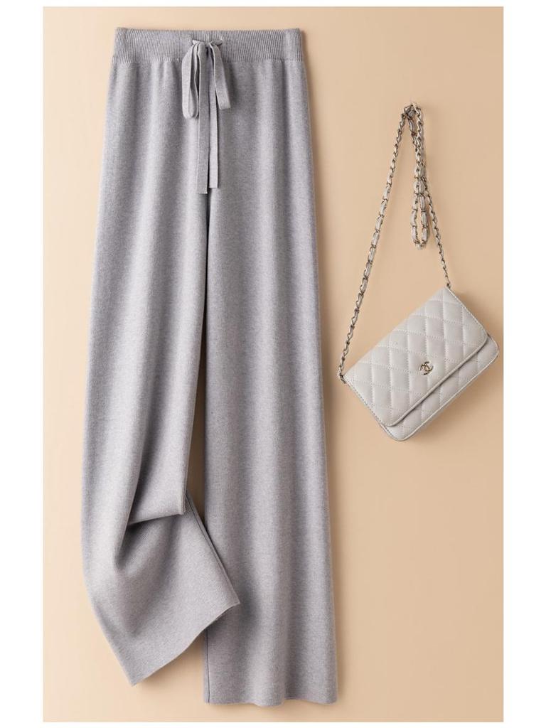 Women's White Wool Knit Wide-Leg Elastic High-Waist Floor-Length Pants — Autumn/Winter Drapey, Loose-Fit, Versatile, Straight-Leg Pants