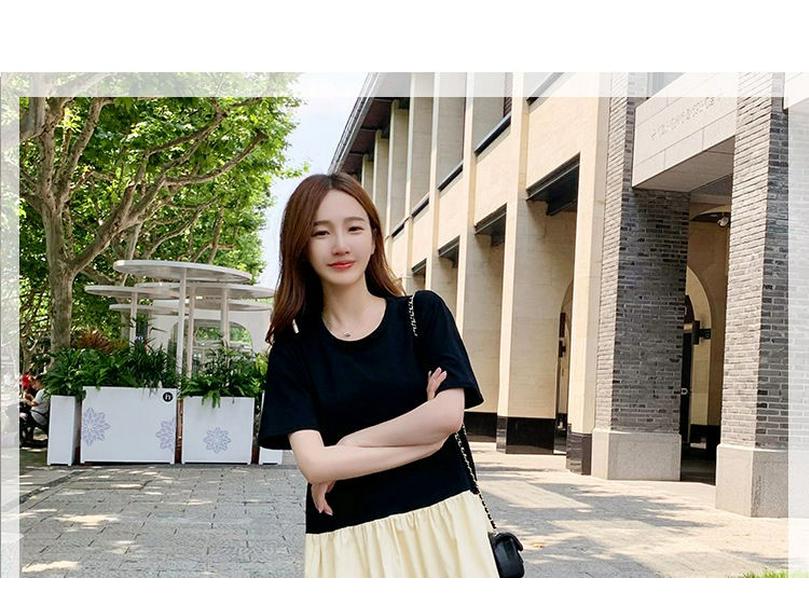 Summer Color Block Short Sleeve Maternity Dress Set - Over-the-Knee Design