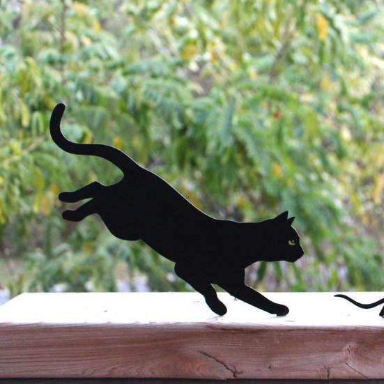 Kovová zahradní cedule s kočkou, snadná instalace, ozdoba s kočkou honící myš, černá kočka, silueta, dekorace na zahradě pro milovníky koček, zahradní plot