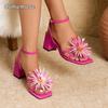 Women's Square Toe Flower Chunky Heel Sandals Elegant Rose Red High Heels for Ladies Wedding Party Dress Shoes Fashion Size35-43