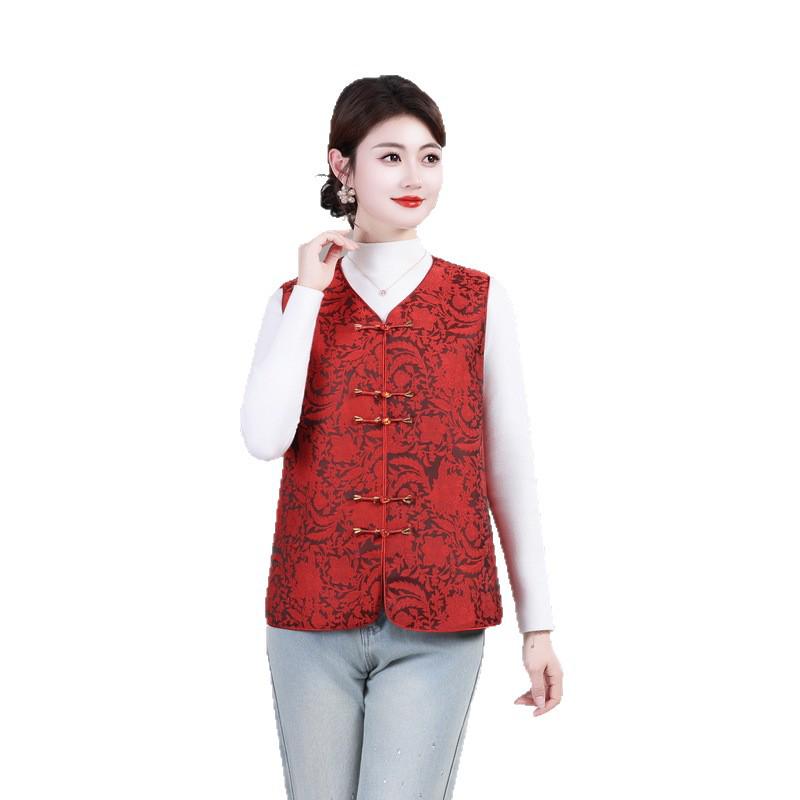Autumn Retro Frog Button Vest: Elegant Round Neck Top for Middle-aged & Elderly Women