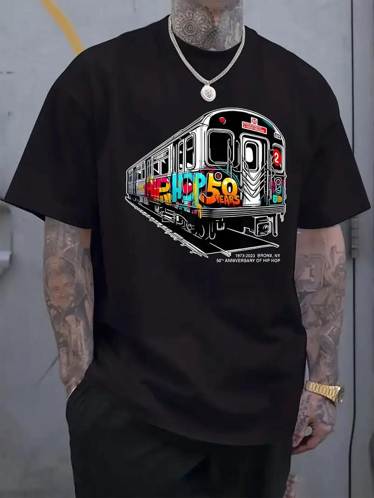 Hip-Hop 50th Anniversary Train Print T-shirt - Casual Crew Neck