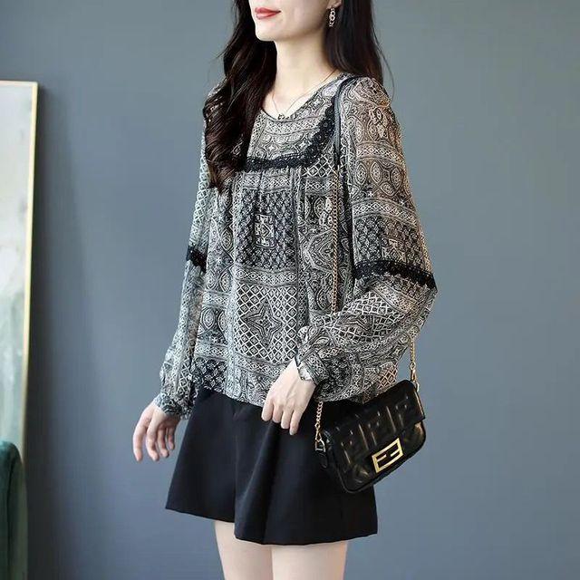Tenká krajka Patchwork Šifonová košile s potiskem Nové Top s dlouhým rukávem Volný Jarní Léto Dámské Oblečení S-4XL