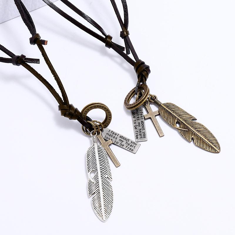Vintage Feather Pendant Necklaces for Women Men Friendship Adjustable Long Leather Rope Chain Necklace Jewelry
