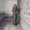 European and American new perspective mesh hot diamond sexy hip dress long sleeve long dress dress women's clothing