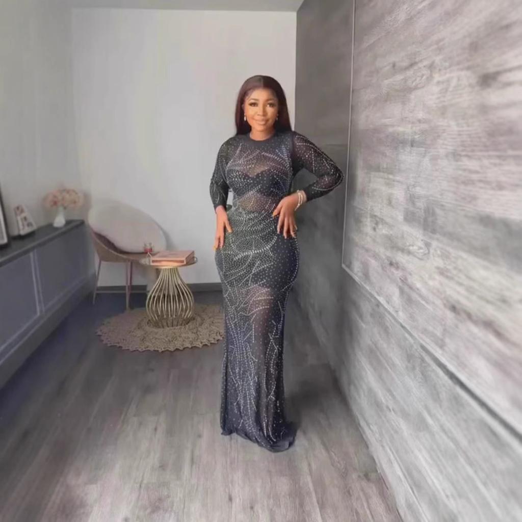European and American new perspective mesh hot diamond sexy hip dress long sleeve long dress dress women's clothing