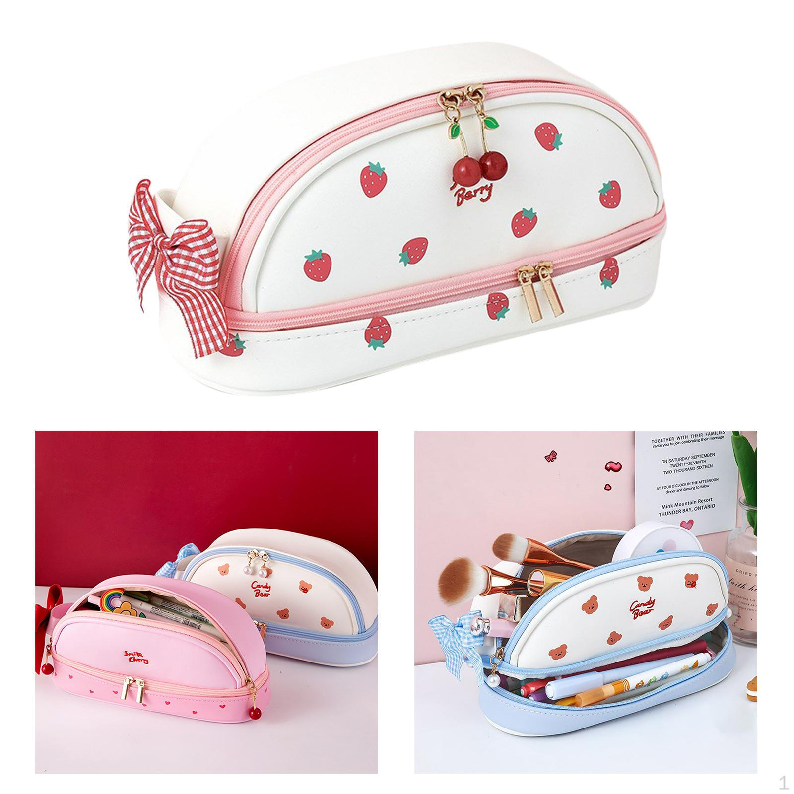 Dual Zippered Pencil Case Pen Bag Pouch Holder Cosmetic Office Desktop Organizer C