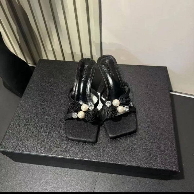 

Fashion Flower High Heels Slippers Women Sandals Beaded Square Toe Shoes Summer Dress 2025 Sexy Elegant Open Toe Pumps Slides Sandalias 35 чёрный