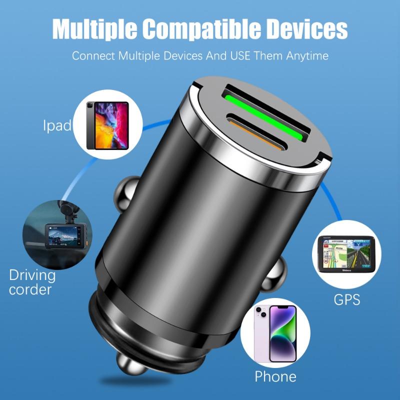 Car Charger 12-24V Automatic Pull Ring Dual Ports PD+USB Fast Charging Type-C QC3.0 Car Charger Auto Cigarette Lighter Adapter