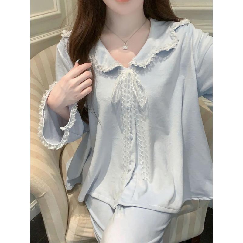 

Комплект из 2 предметов пижамы из бархата, пижама в стиле принцессы, домашняя одежда для женщин, симпатичная кружевная отделка, домашняя одежда, топы, брюки, домашняя одежда XL синий