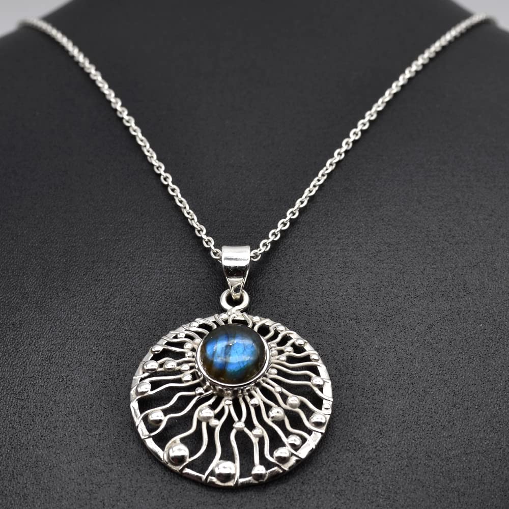 Round Cabochon Labradorite Pendant Necklace Solid 925 Sterling Silver Gemstone Pendant with Chain Jewelry For Women or Girls - 12.1 Gms