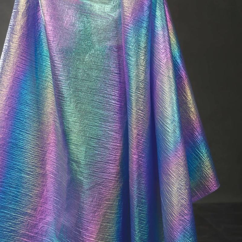 Laser Gradient Pearl Net Chiffon Fabric with Iridescent Crinkle Sheen for Stage Gown DIY Luxury Haute Designer Fabric
